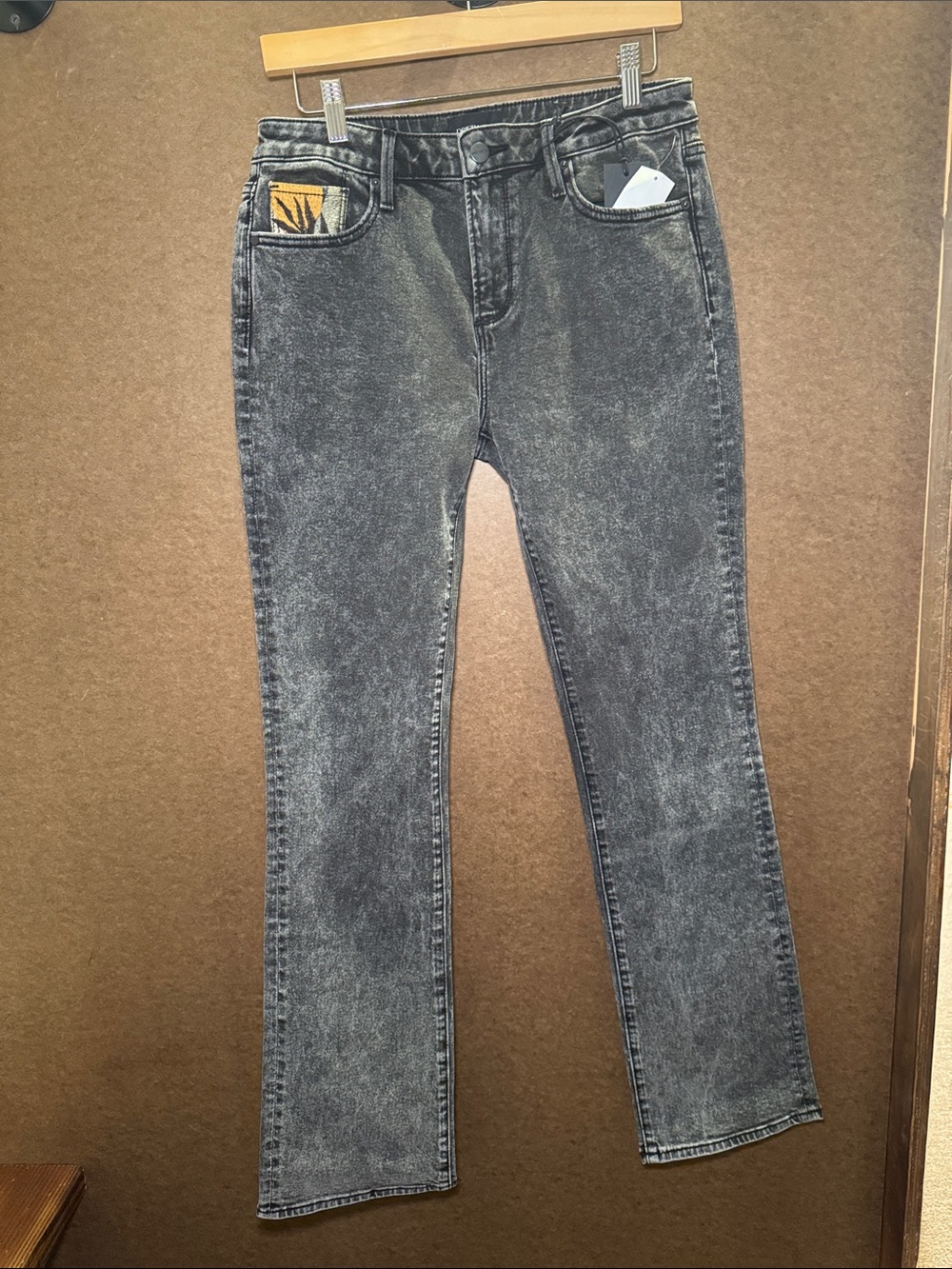DRIFTWOOD Washed Black Straight Leg Jeans with Floral Patch Pockets - Picture 3 of 5